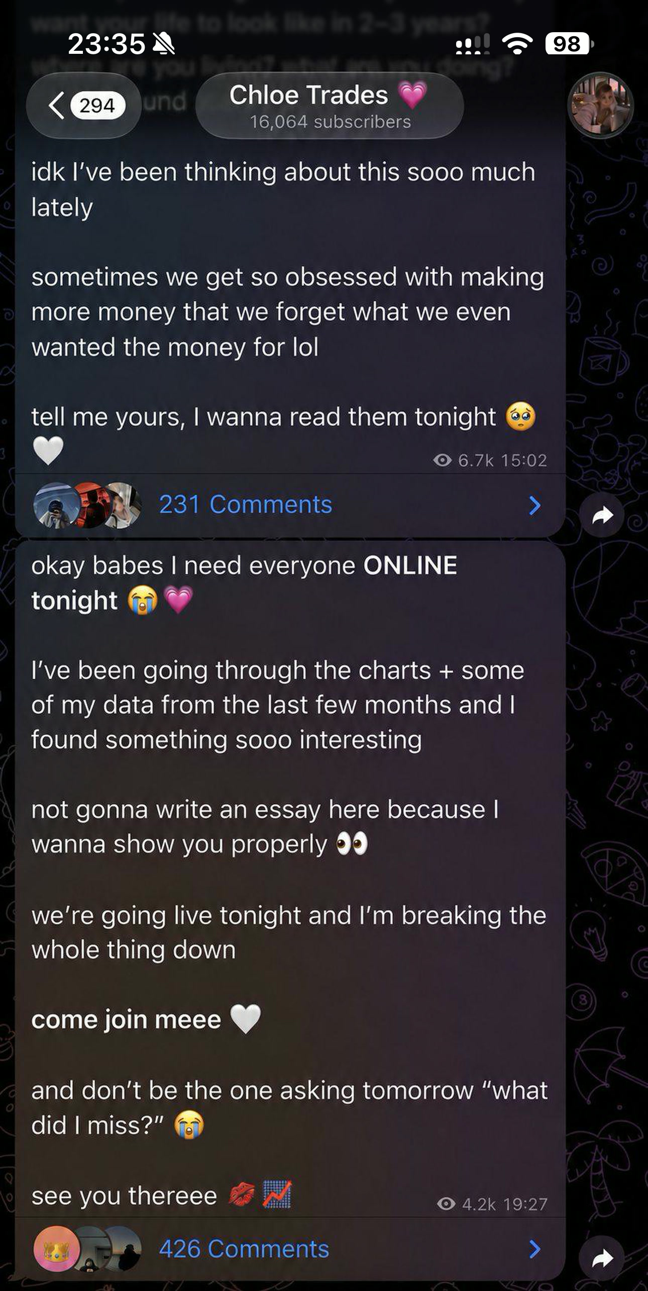 Creator post from Chloe Trades with an audience prompt and live announcement