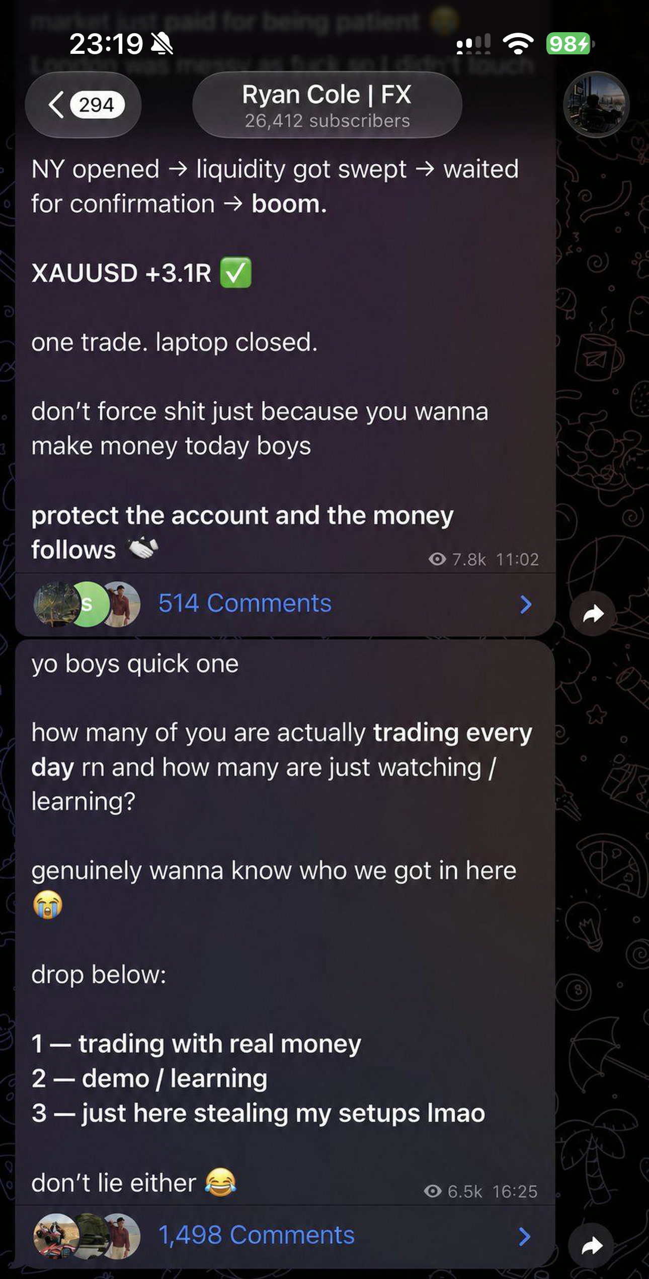 Creator post from Ryan Cole FX with a trading result and audience question