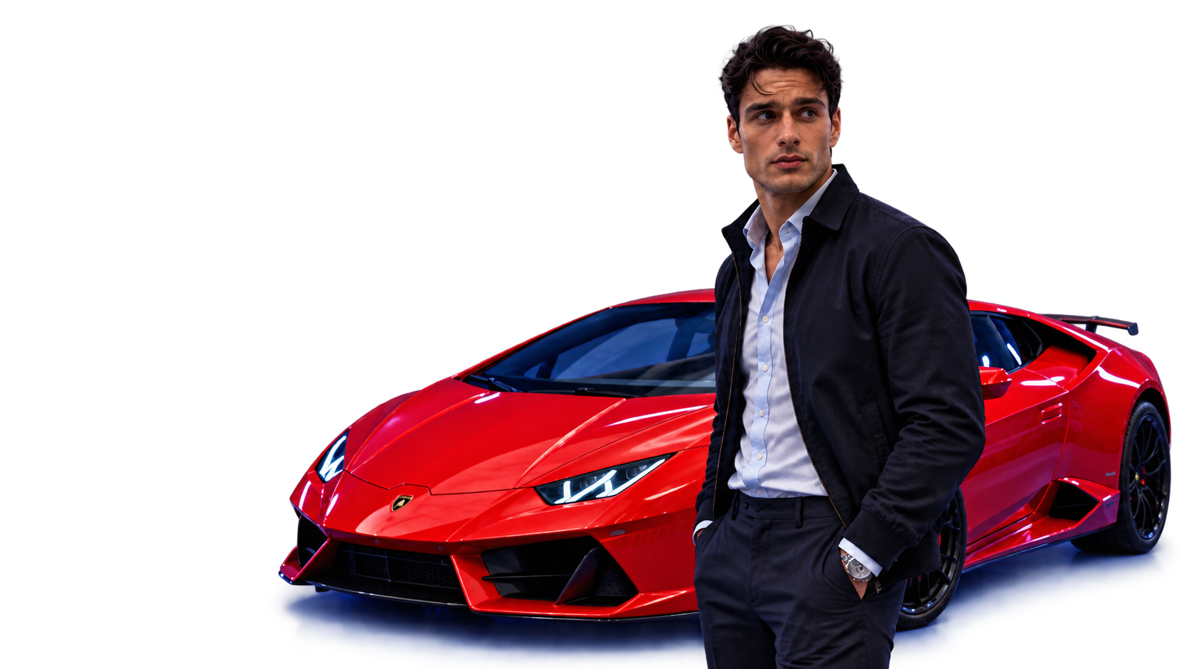 Creator standing beside a red Lamborghini