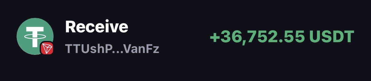 Payout confirmation showing 36,752.55 USDT received
