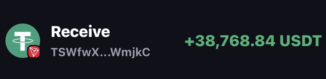 Payout confirmation showing 38,768.84 USDT received