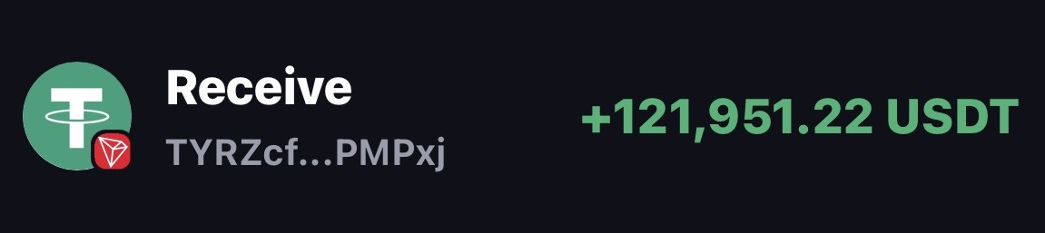 Payout confirmation showing 121,951.22 USDT received