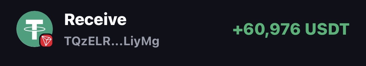 Payout confirmation showing 60,976 USDT received