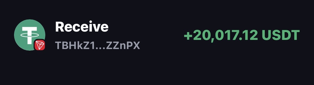 Payout confirmation showing 20,017.12 USDT received